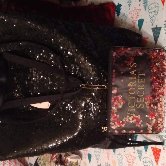 Victoria Secret black sequin tote bag+ Victoria Secret black sequin wristlet bag - Picture 3 of 17